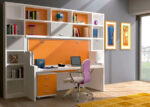 Youth bedroom with folding bed-table and upper bookcase.