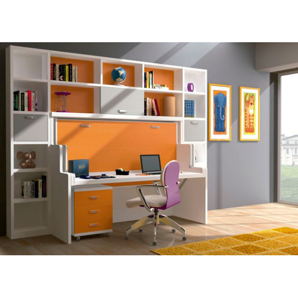 Youth bedroom with folding bed-table and upper bookcase.