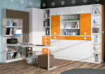 Youth bedroom with folding bed, with bookcase, trunk and wardrobe