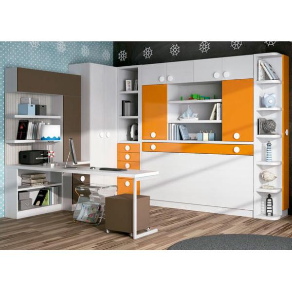 Youth bedroom with folding bed, with bookcase, trunk and wardrobe