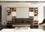 Folding double bed with sofa and bookcase
