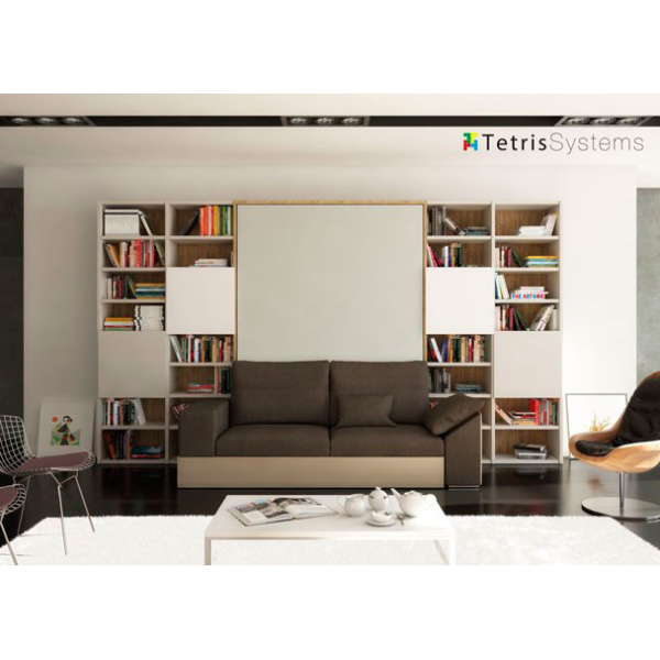 Folding double bed with sofa and bookcase