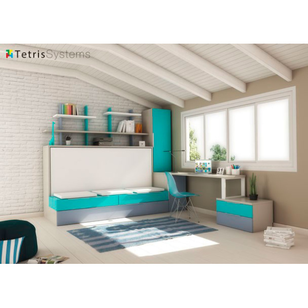 Folding bed with sofa, trundle bed, desk and wardrobe