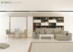 Living room with chaise longue, lift-up coffee table and fold-down bed