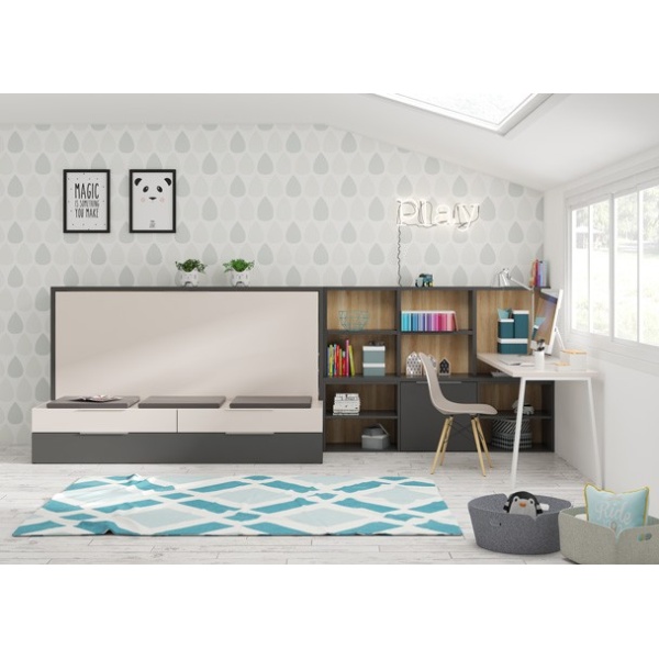 Horizontal folding bed with trundle bed and drawers