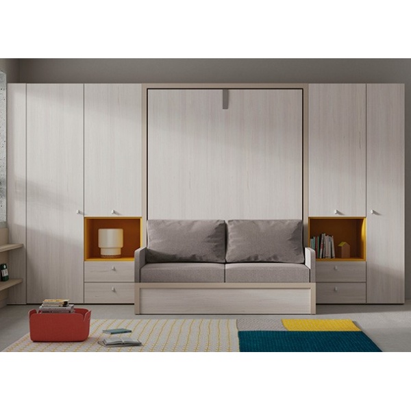 Vertical folding bed with sofa and side cabinets.