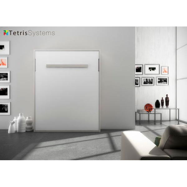 Vertical folding double bed integrated into the living-dining room wall.
