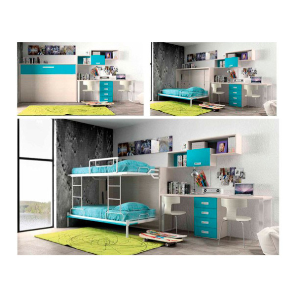 Youth bedroom with folding bunk bed for two 90 x 190 beds