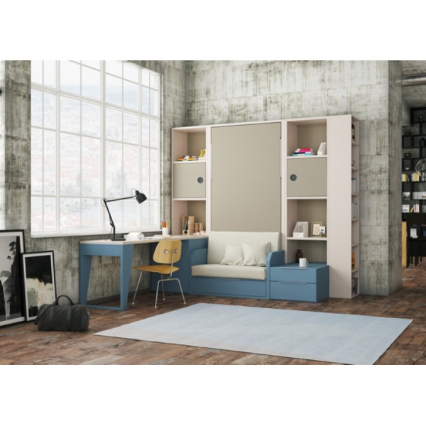 Vertical folding bed with integrated single sofa and study area