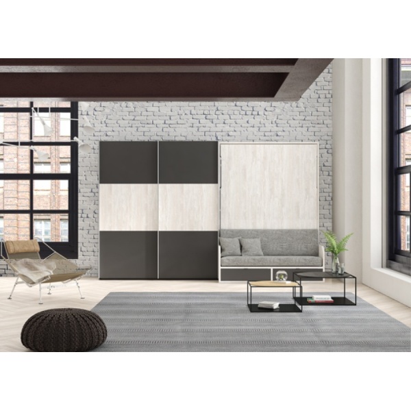 Vertical folding double bed with integrated sofa