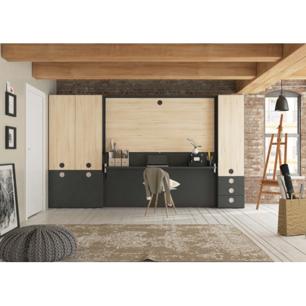 Folding bunk bed with table in front and cupboards