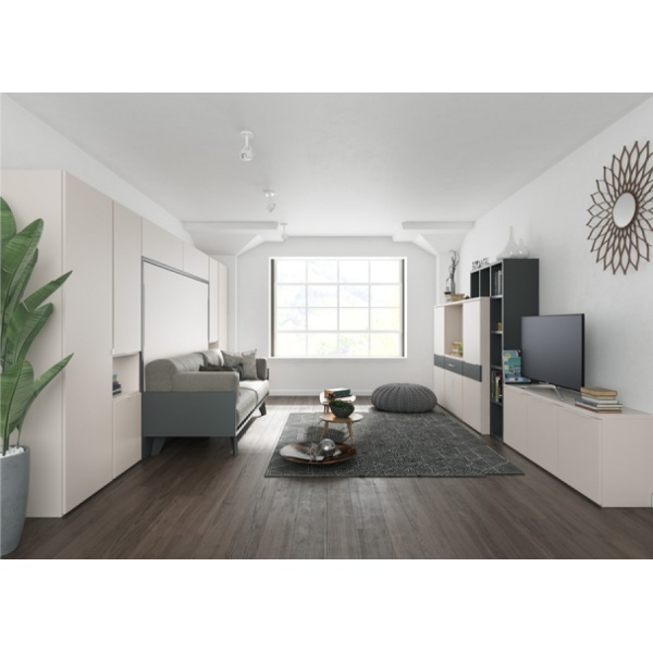 Living room with pull-out table and folding double bed