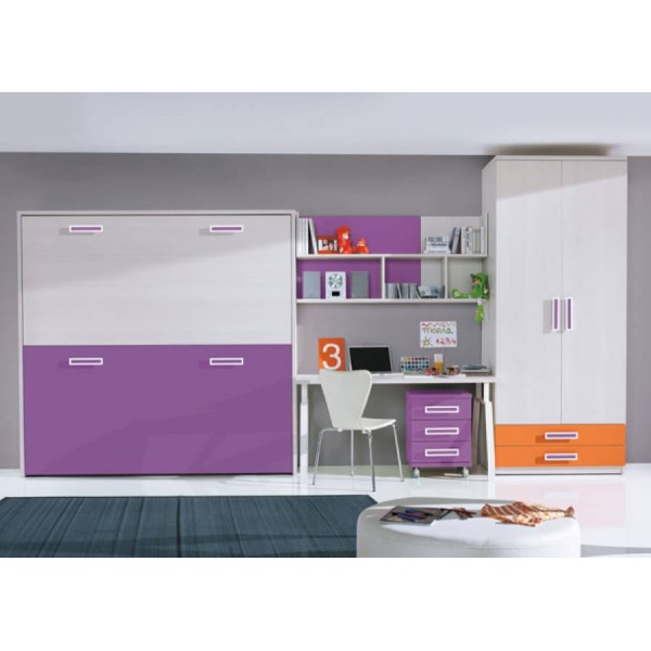 Children's bedroom equipped with folding bunk beds, a desk and a two-door wardrobe with visible drawers.Children's bedroom equipped with folding bunk beds, a desk and a two-door wardrobe with visible drawers.