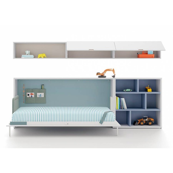 Horizontal folding bed U+D series with low bookcase and wall composition