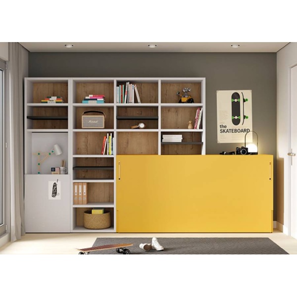 Horizontal folding bed with asymmetrical bookcase and extendable table