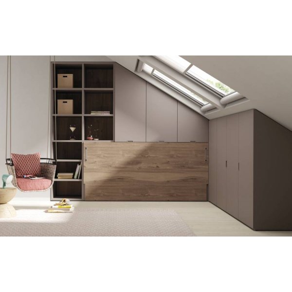 Loft with horizontal folding bed with wardrobes and bookcase
