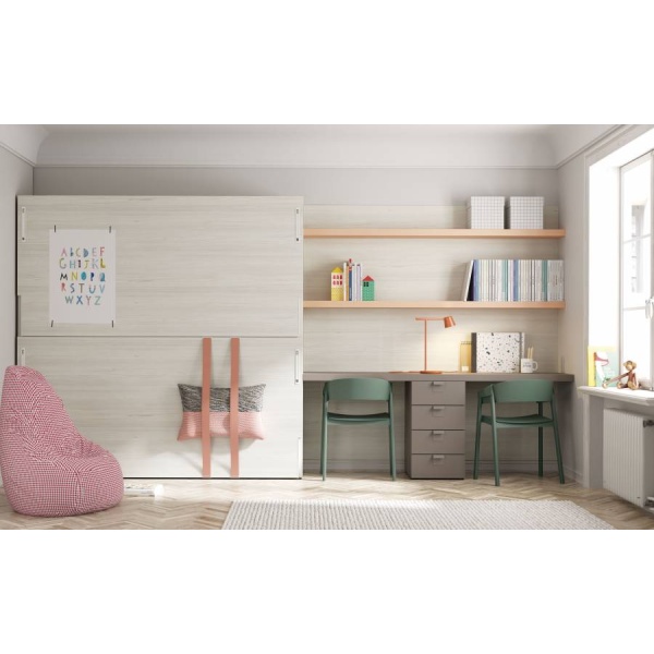 Horizontal folding bunk bed with large study area for 2 people