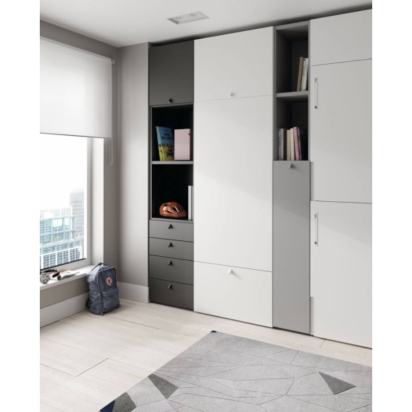Horizontal folding bunk bed and vertical folding table.