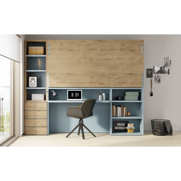 High freestanding horizontal folding bed with study area and bookcases
