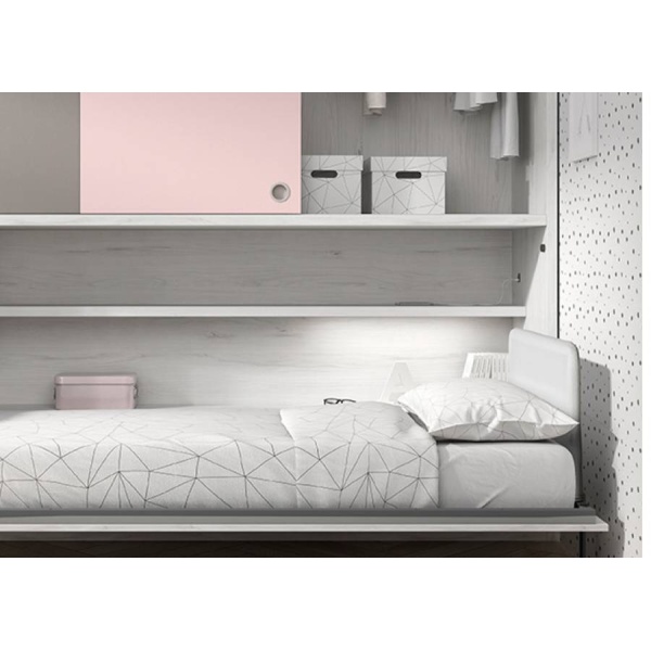 Horizontal folding bed with upper wardrobe with sliding doors
