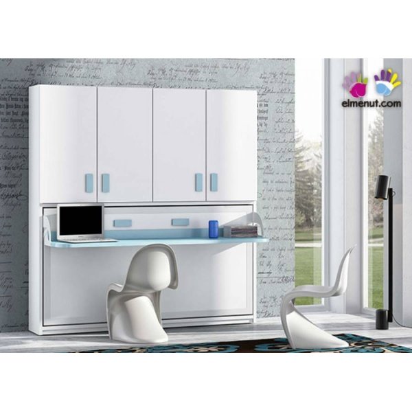 Horizontal folding bed with desk and 4-door wardrobe
