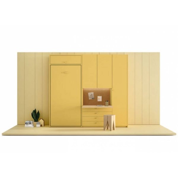 Vertical folding bed, wardrobes and chest of drawers with removable table