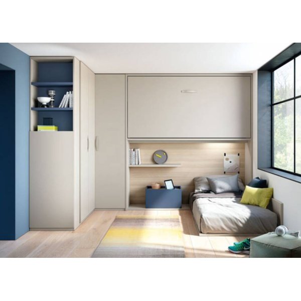 Shared bedroom with a folding bed, a high bed, a lower bed and a wardrobe