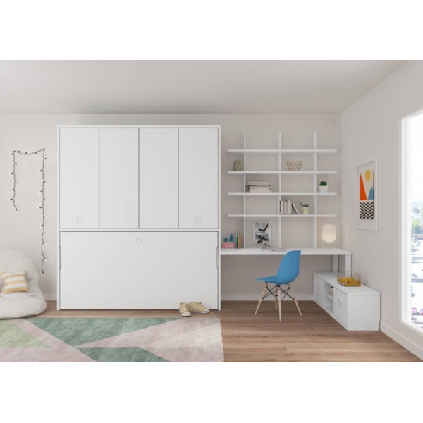 Horizontal folding bed with upper wardrobe and desk