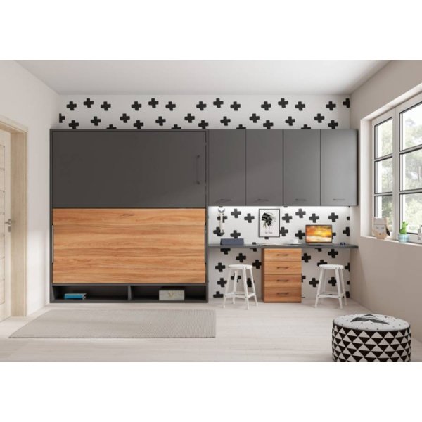 Horizontal folding bunk bed with study area and hanging wardrobes