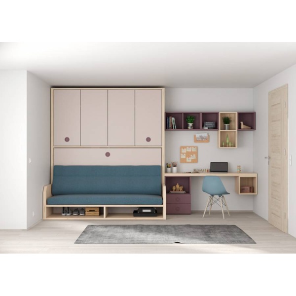 Horizontal folding bed with sofa, upper wardrobe and study area