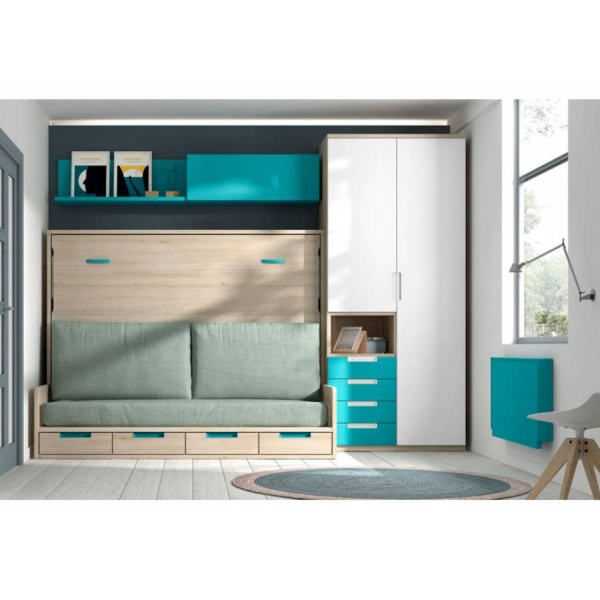 Bedroom-study with horizontal folding bed with sofa and wardrobe.