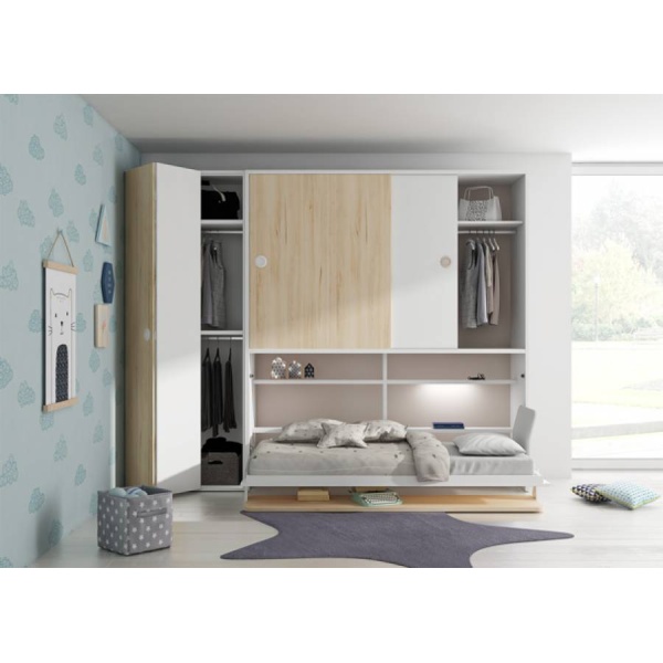 Horizontal folding bed with desk and upper wardrobe with sliding doors