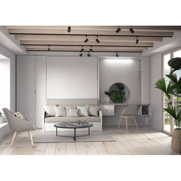 Bedroom with fold-out sofa, desk, in Nordic style