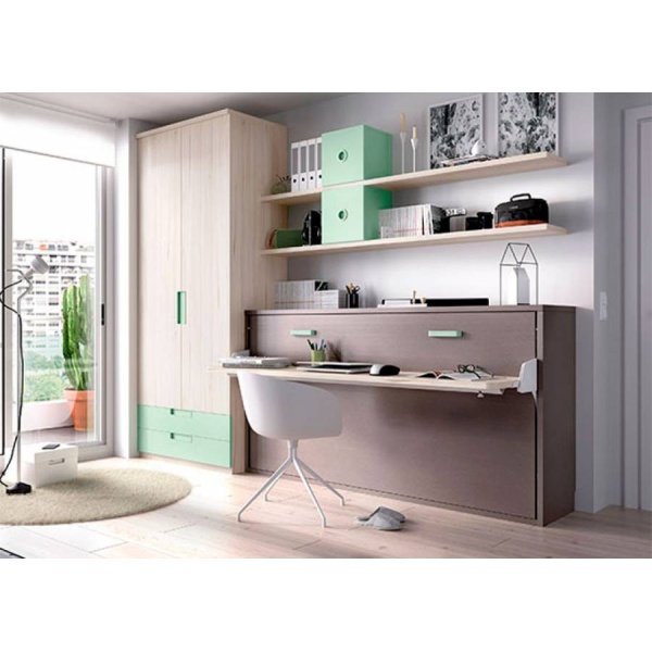 Horizontal folding bed with folding desk, wardrobe and shelves