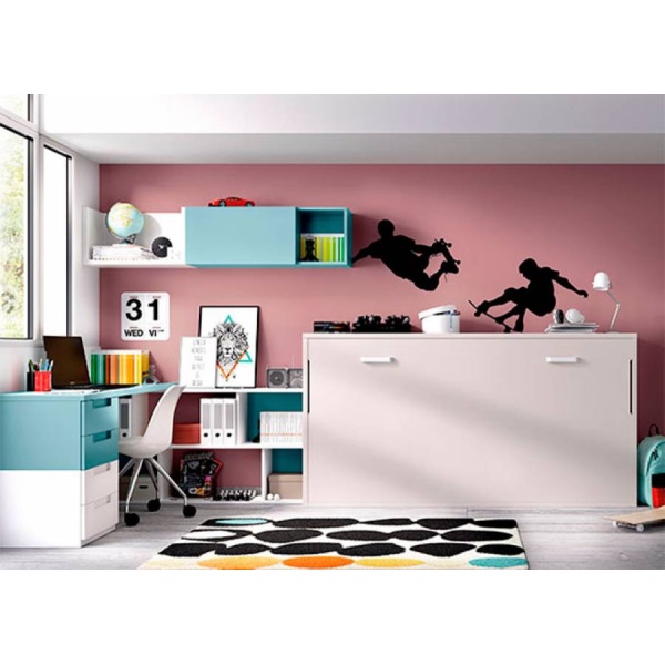 Study with corner desk and horizontal folding bed