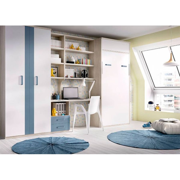 Youth bedroom with vertical folding bed, study area and wardrobe