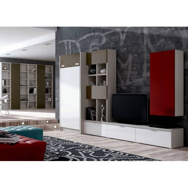 Living room with vertical folding bunk bed, TV cabinet and bookcase