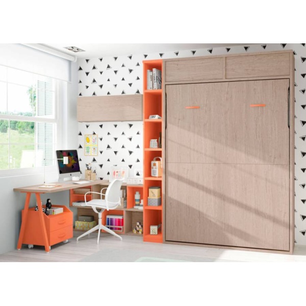 135cm vertical folding bed with bookcase and study area.
