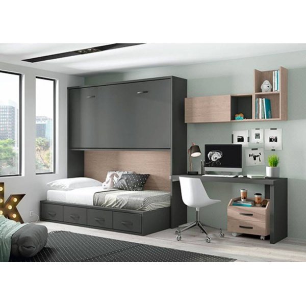 High horizontal folding bed with compact 4-drawer base.