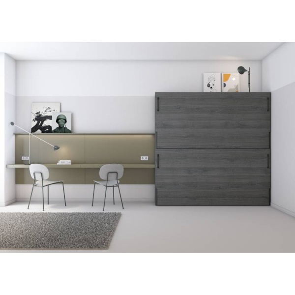 Children's bedroom with folding bunk beds and double study area