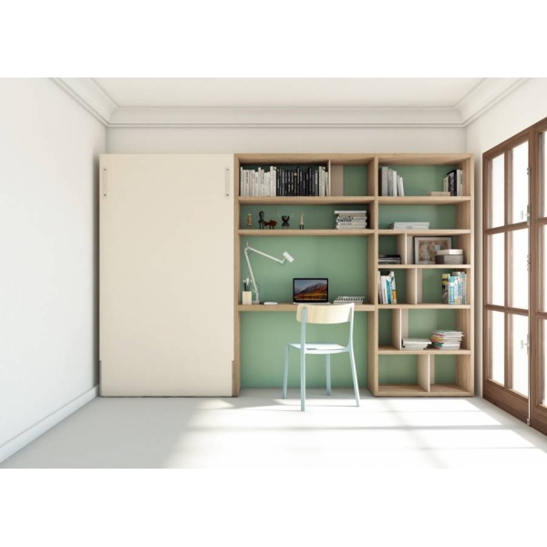Student residence with a folding bed and a study area with a bookcase