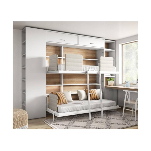 Bedroom with horizontal folding bunk bed, table and terminal wardrobe