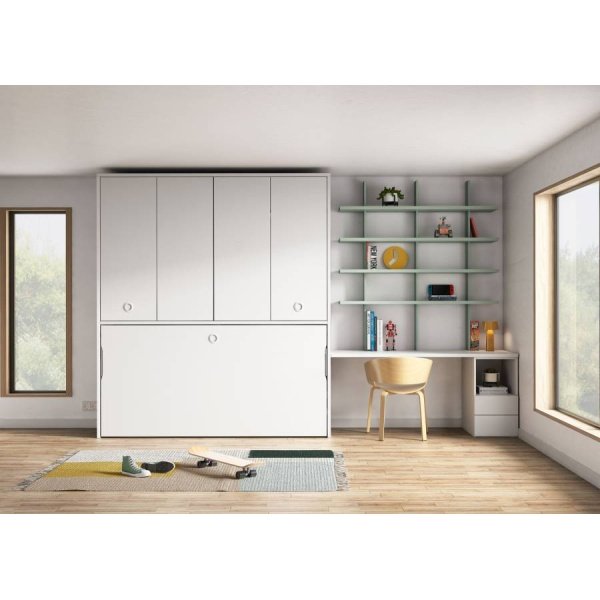 Folding bed with folding wardrobe and desk