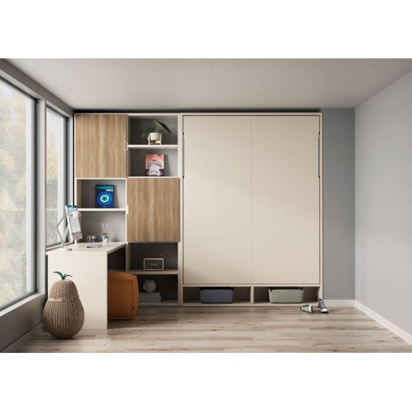 Vertical double folding bed with shelves and desk