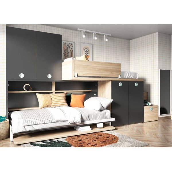 Horizontal folding bed with another elevated bed on the wardrobe