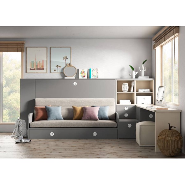 Sofa integrated into a folding bed with a pull-out trundle and desk
