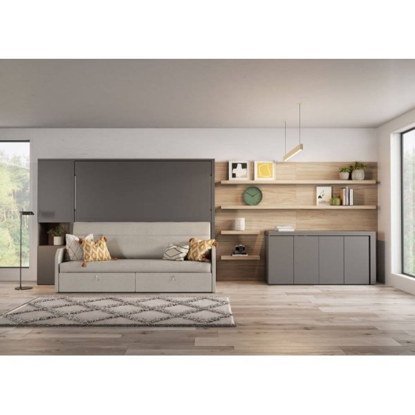 Folding bed with integrated sofa, bookshelf and folding table for 4