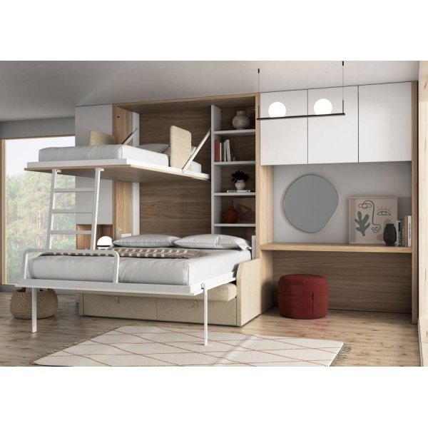 Sofa with double vertical folding bunk bed and dressing table