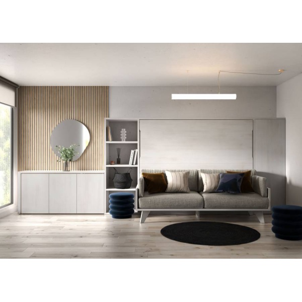Double horizontal folding bed with sofa and folding table