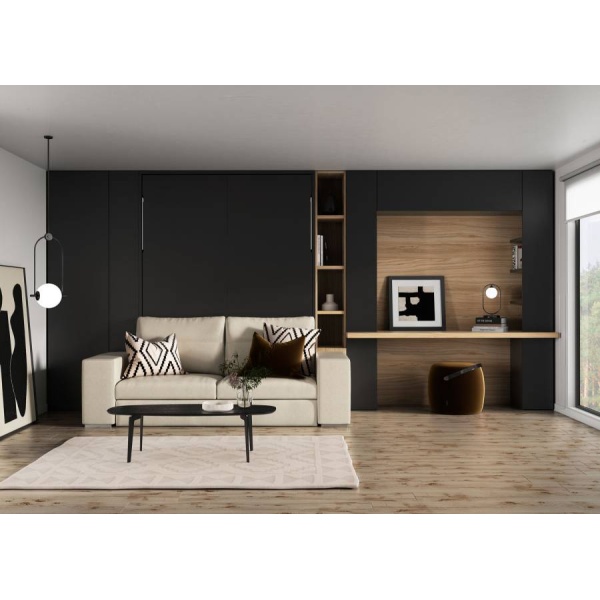 Vertical folding bed with sofa and desk module